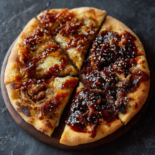 Overhead view of a flatbread with dark toppings on a dark plate