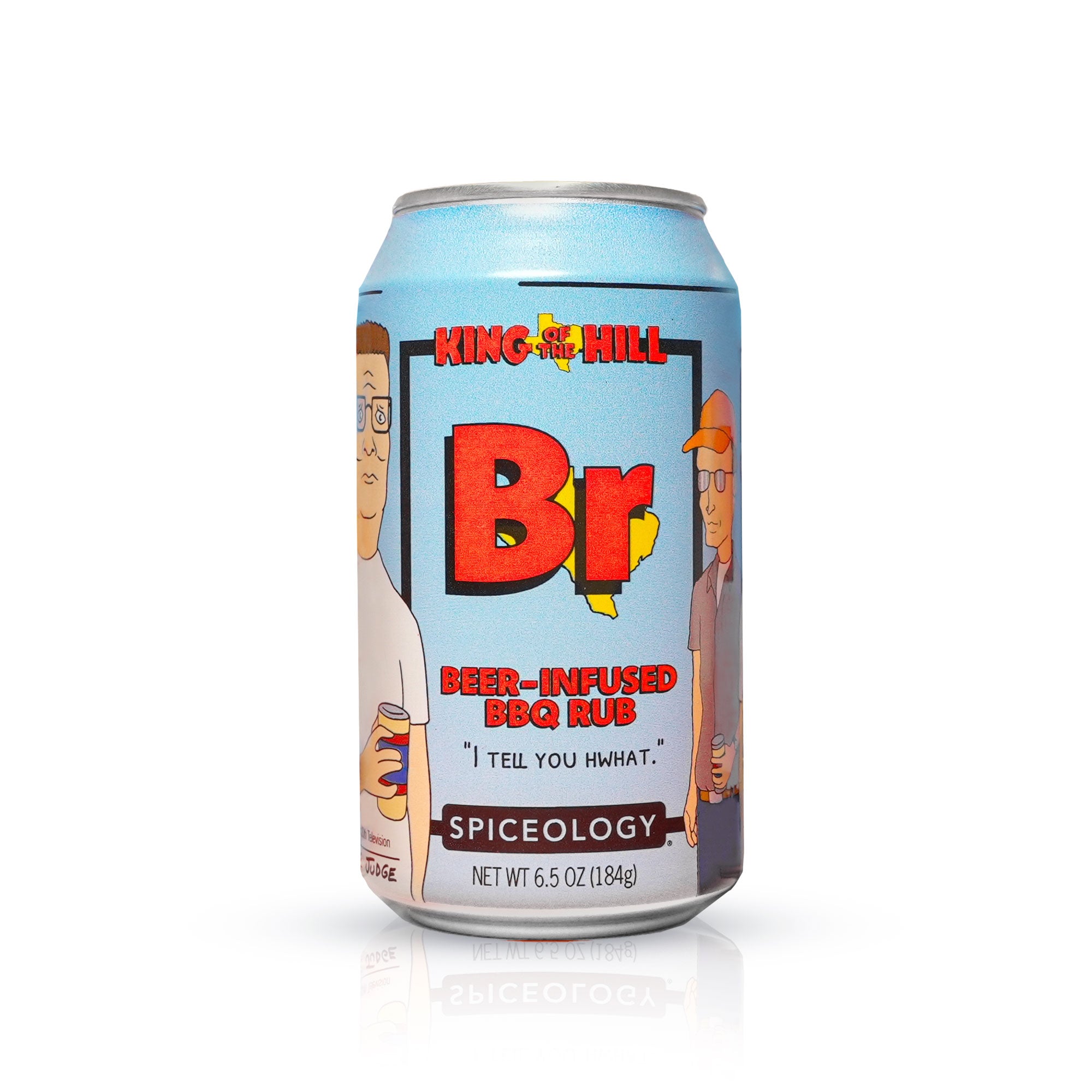 Can of King of the Hill beer-infused rub on a white background

