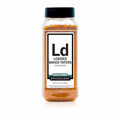 Bottle of Spiceology loaded baked tater salt free seasoning on a white background