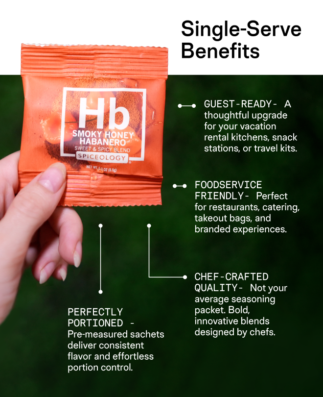 Hand holding an orange single-serve packet with Spiceology Smokey Honey Habanero branding against a green background, featuring text on single-serve benefits.