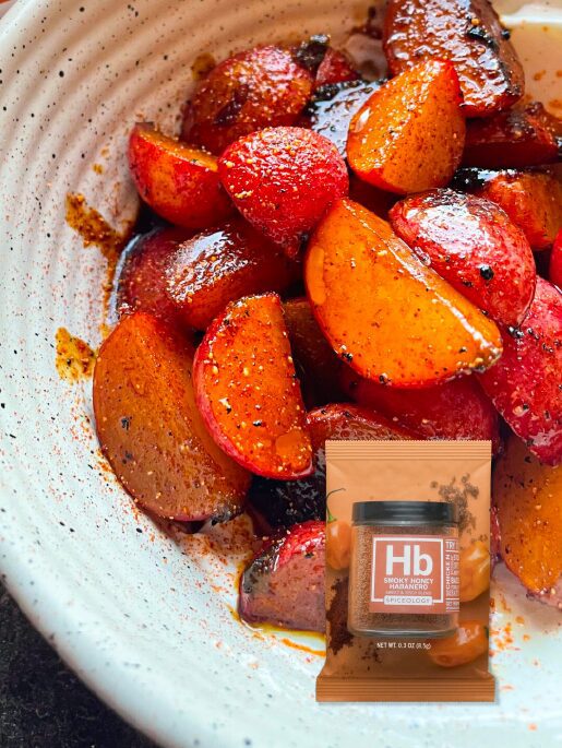 Fresh radishes glazed with honey habanero sauce, featuring a smoky flavor and vibrant red color
