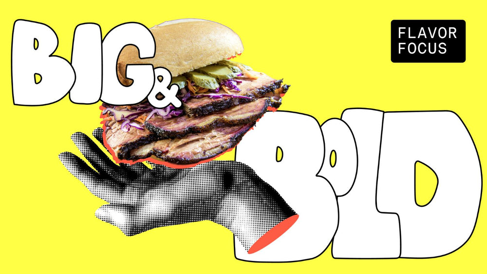 Big and Bold promotional graphic with a smash burger and Flavor Focus label on a yellow background