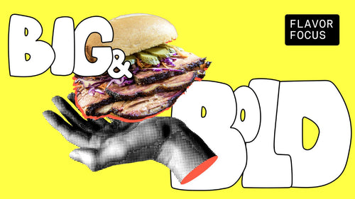 Big and Bold promotional graphic with a smash burger and Flavor Focus label on a yellow background