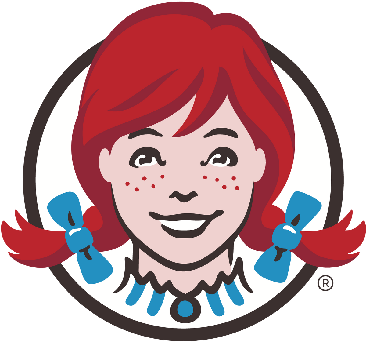 Wendy's logo with a cartoon character of a girl with red hair and blue bows.