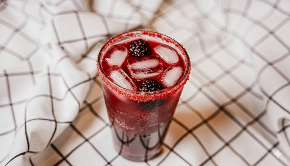 Blackberry Balsamic Hibiscus drink with ice and blackberries in a glass on a checkered fabric background