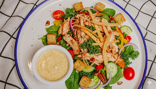Smokey Honey Habanero Salad with chicken, vegetables, and a side of dressing on a white plate with blue rim.