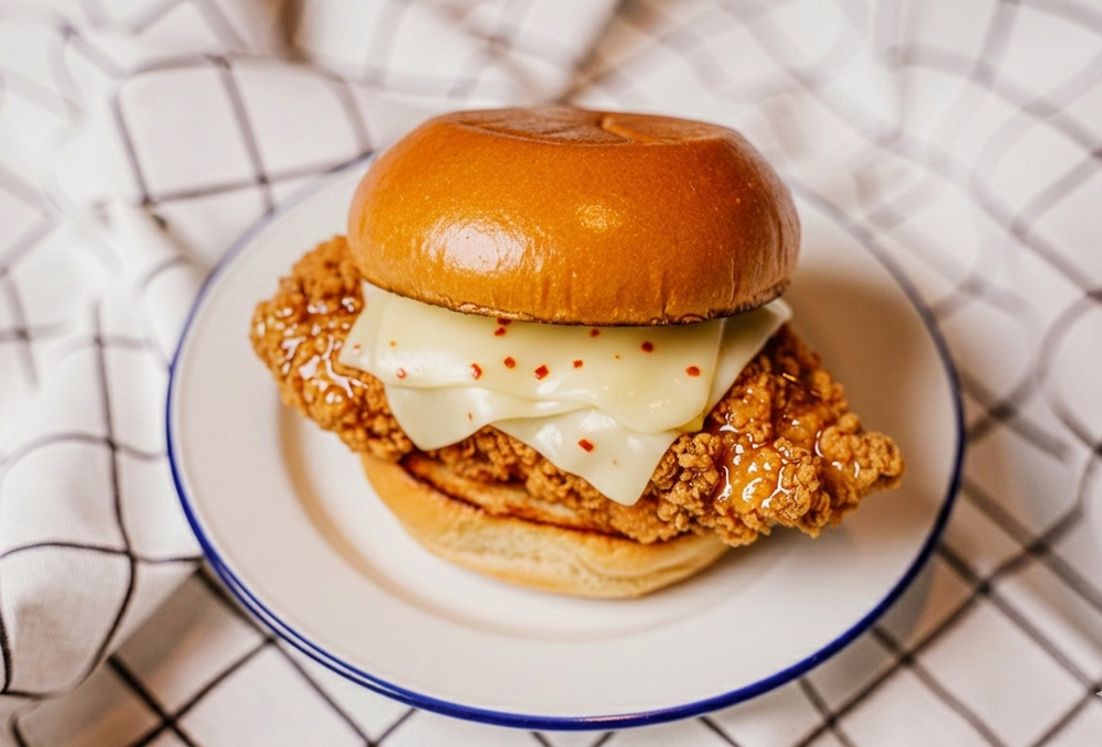 Smoky Honey Habanero Chicken Sandwich on a white plate with a checkered tablecloth.