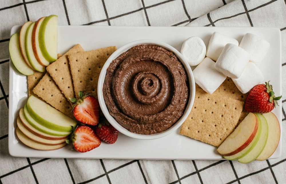 S'mores hummus on a platter with crackers, apples, strawberries, and marshmallows.