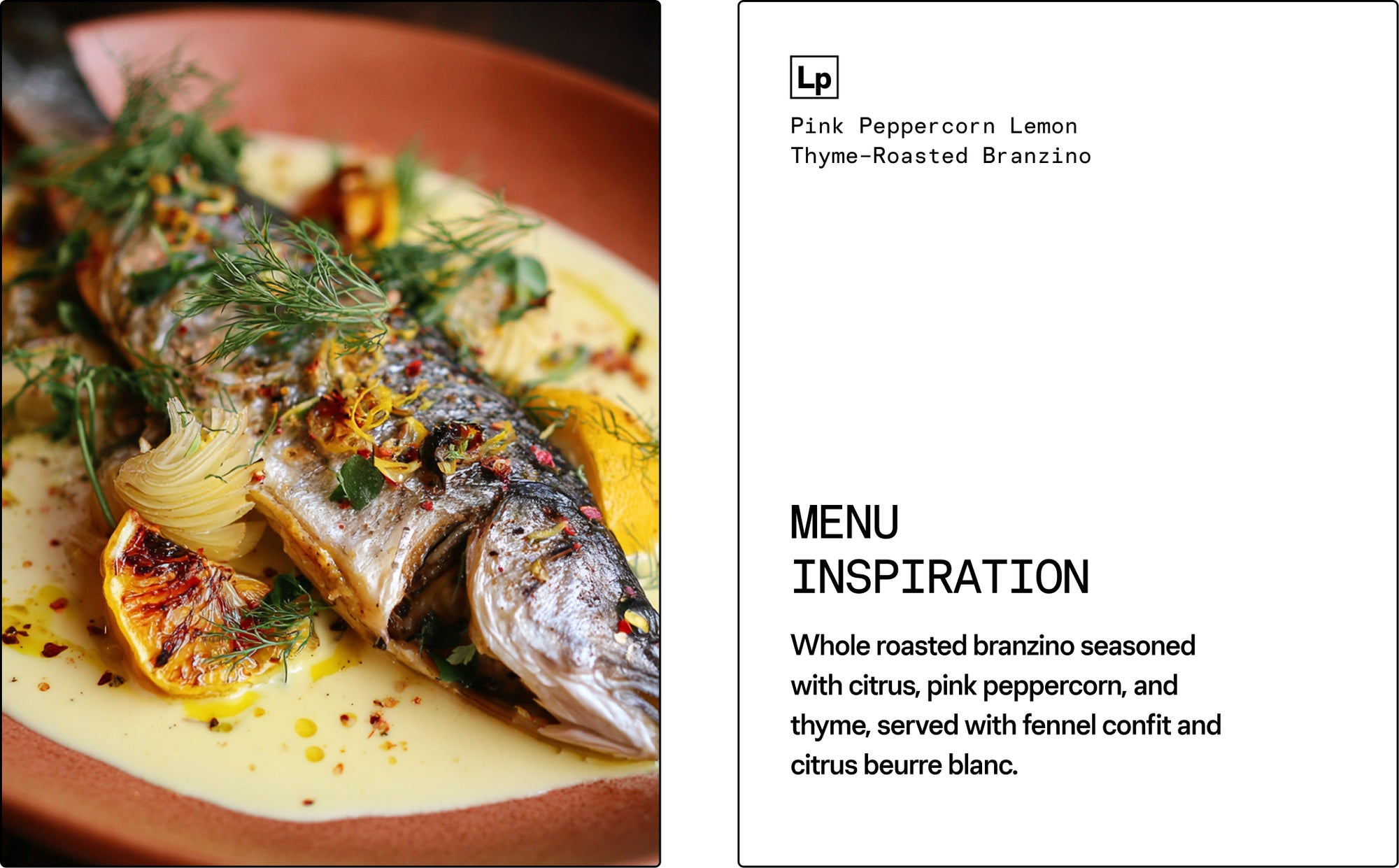Plated dish of roasted branzino with garnishes on a red plate, accompanied by a menu description card.
