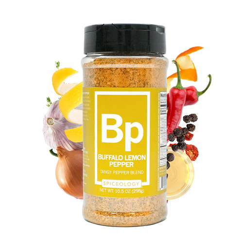 A bottle of Bp Buffalo Lemon Pepper spicy pepper blend seasoning, surrounded by illustrative food ingredients like lemons, red chili peppers, garlic, onion, and peppercorns on a solid white background.