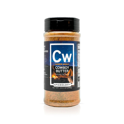 A clear plastic spice jar labeled â€œCb Candied Bacon Sriracha Blendâ€ from Spiceology, filled with a reddish-orange seasoning, is shown against a white background.