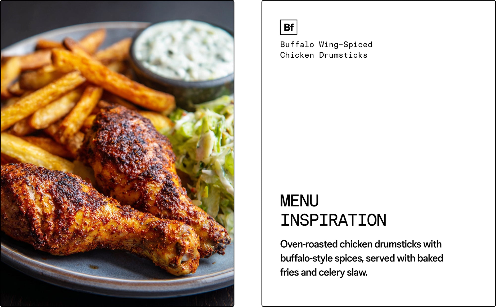 Buffalo Wing-Spiced Chicken Drumsticks with baked fries and celery slaw on a plate.