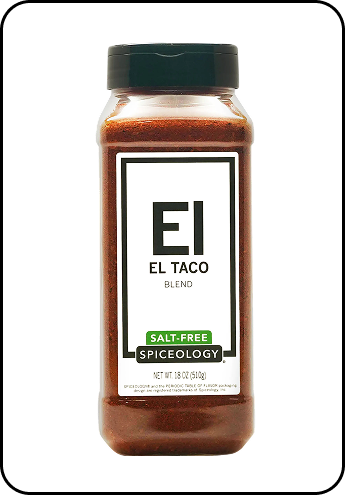 Bottle of Spiceology El Taco Salt-Free seasoning with a white label on a white background