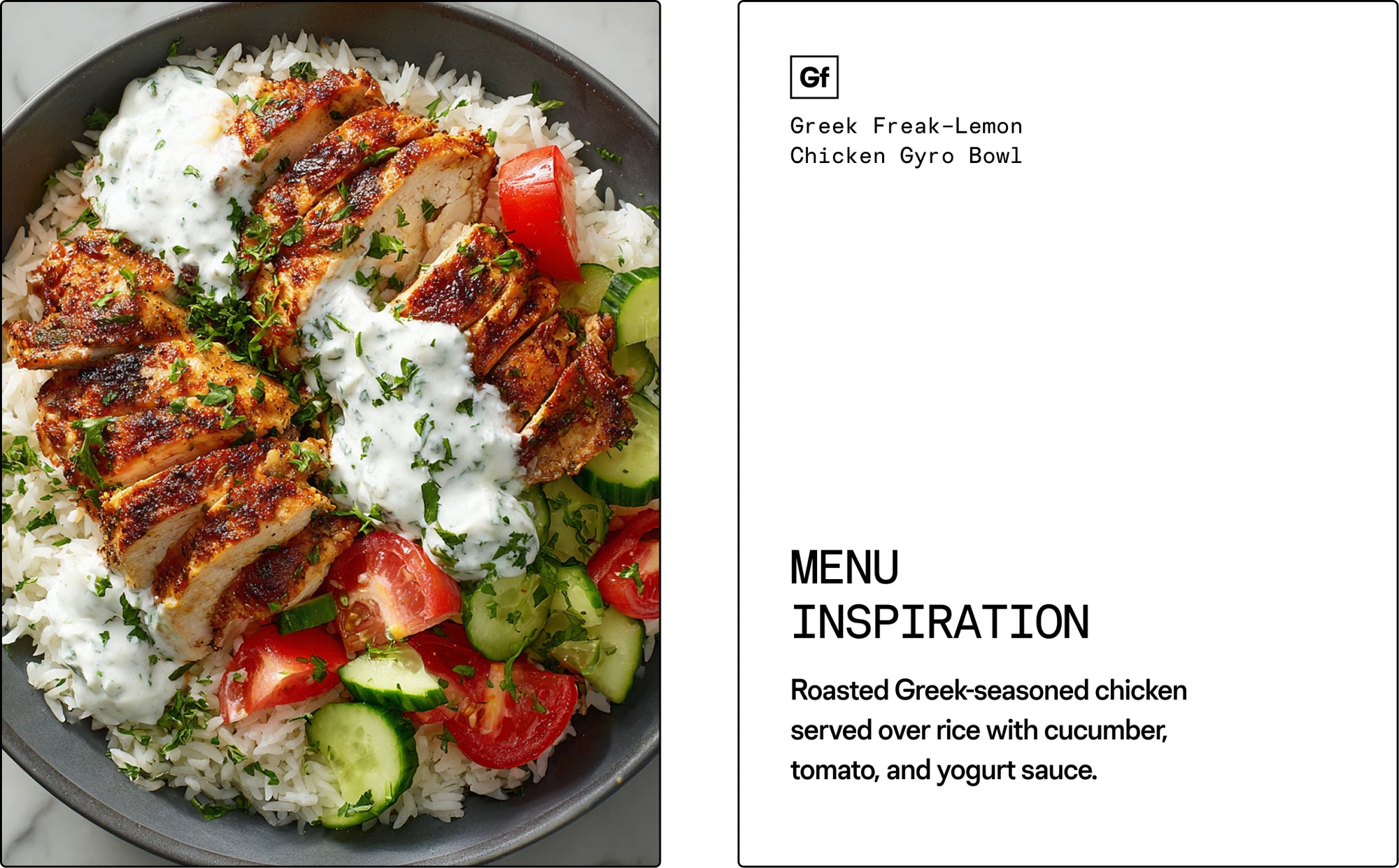 Greek Freak-Lemon Chicken Gyro Bowl with text on a white background