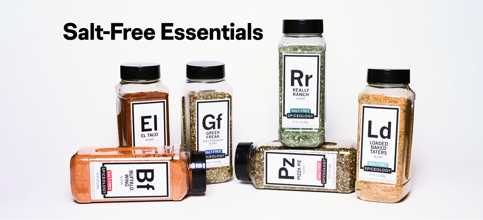 Collection of salt-free essential Spiceology products on a white background