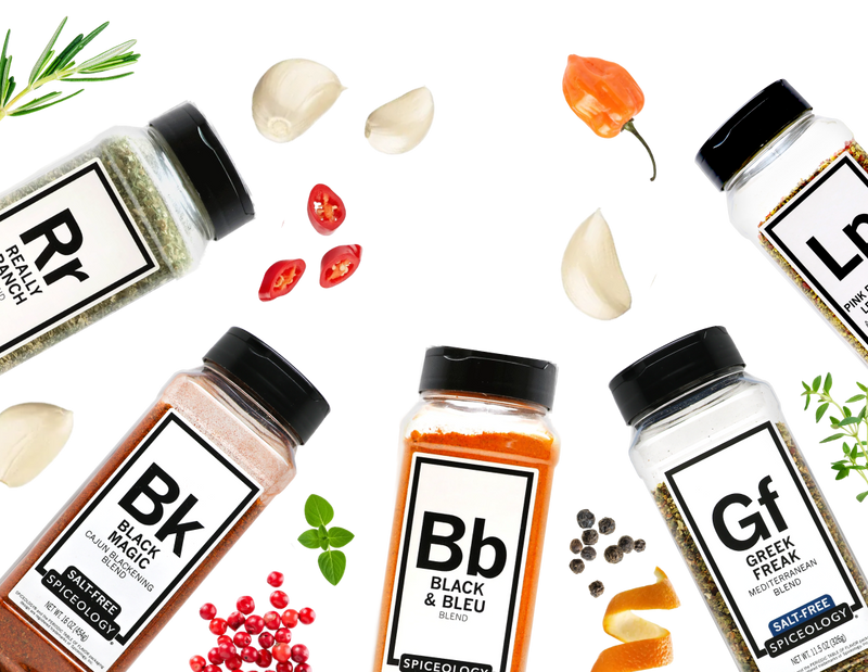 Spice jars with labels on a white background