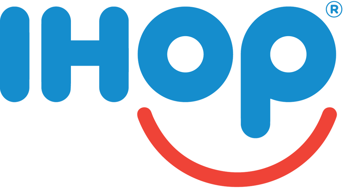 IHOP logo with blue letters and a red smiley face on a white background