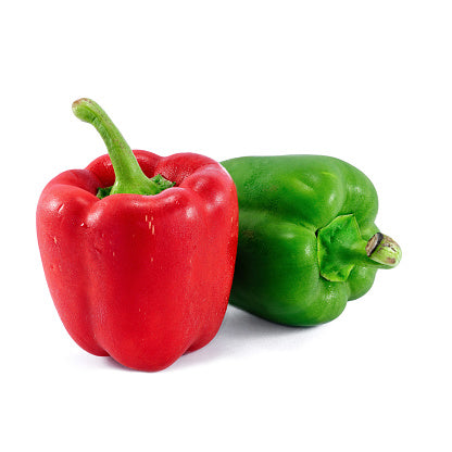 Red and green bell peppers on a white background