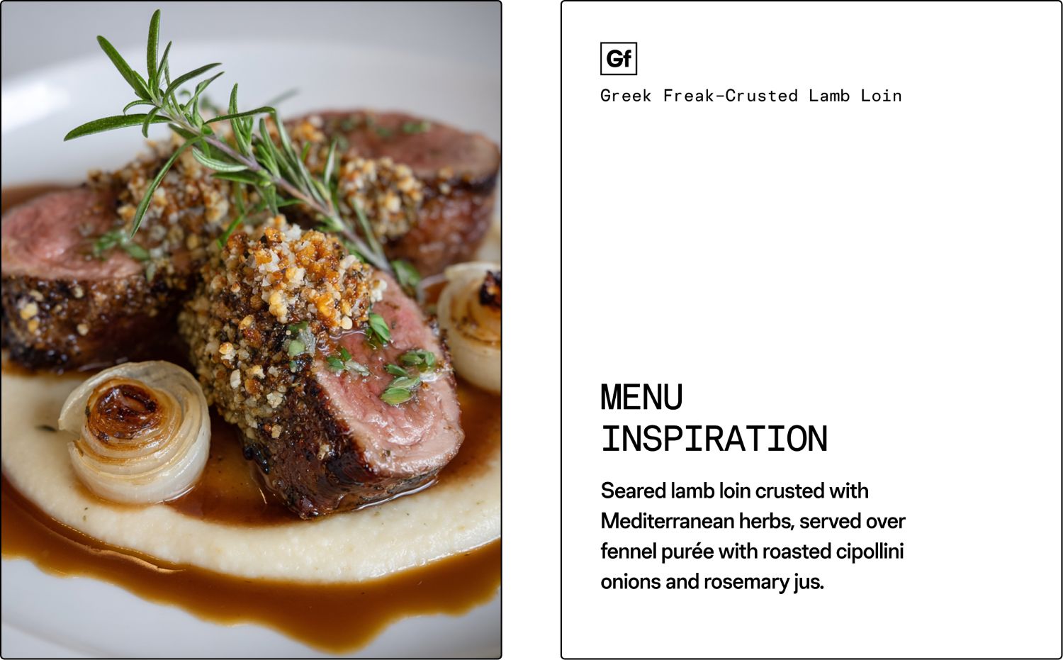 Greek Freak-Crusted Lamb Loin dish with text on a white background