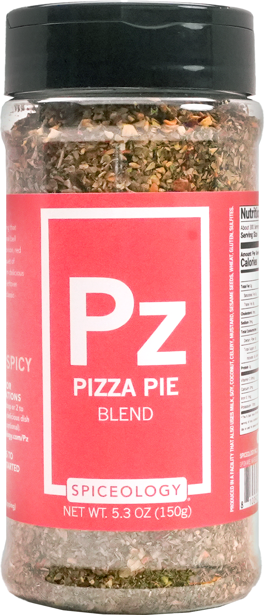 Spice jar labeled 'Pizza Pie Blend' by Spiceology with a black lid.