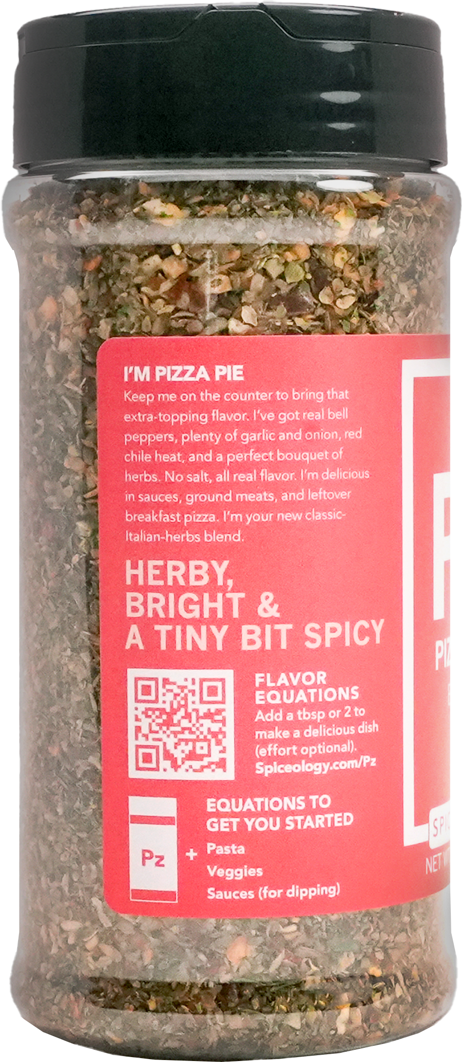 Side view of Spiceology Pizza Pie container with a red label featuring text and a QR code on a white background