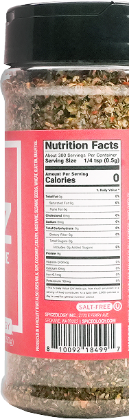 Back view of Spiceology Pizza Pie Blend nutrition facts and ingredient information.
