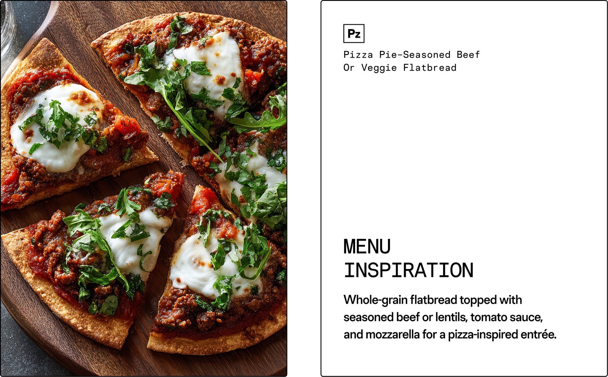 Sliced pizza flatbread with toppings on a wooden board, accompanied by a menu description.