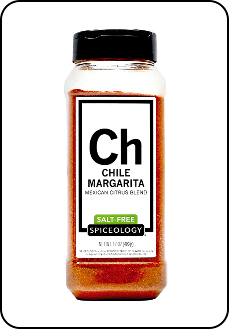 Spice container labeled 'Chile Margarita Salt-Free' by Spiceology on a white background