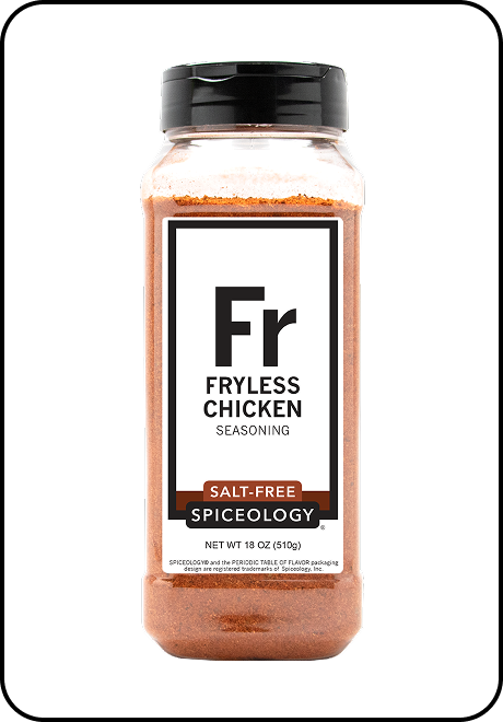 Spiceology Fryless Chicken Salt-Free seasoning container with on a white background