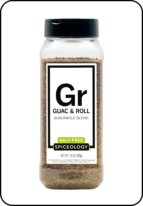Spice container labeled 'Guac & Roll Salt-Free' by Spiceology on a white background