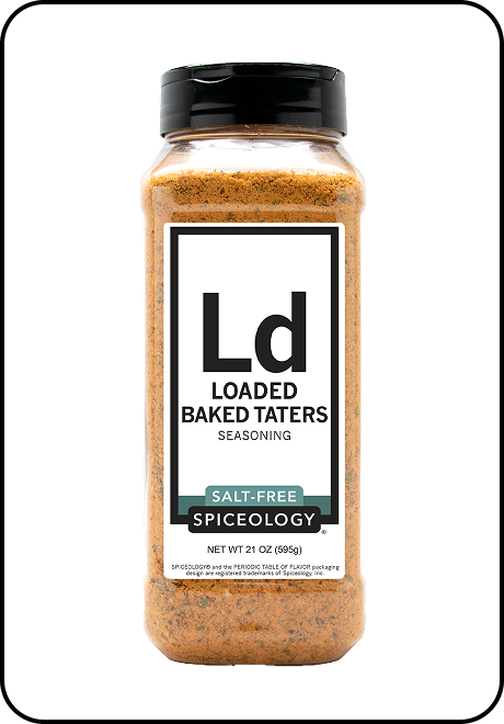Spice container labeled 'Loaded Baked Taters Salt-Free' seasoning by Spiceology on a white background