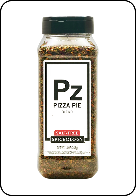 Spice bottle labeled 'Pizza Pie Blend Salt-Free' by Spiceology on a white background