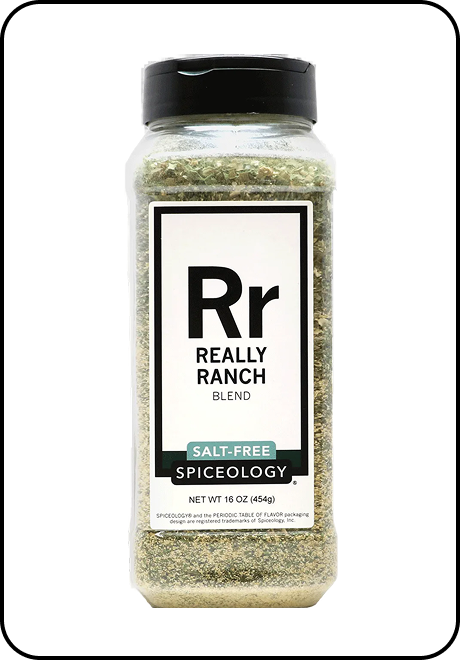 Bottle of Spiceology Really Ranch Salt-Free Blend seasoning with a black lid on a white background
