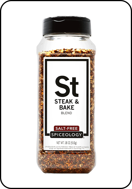 Spice bottle labeled 'Steak & Bake Blend Salt-Free' by Spiceology on a white background