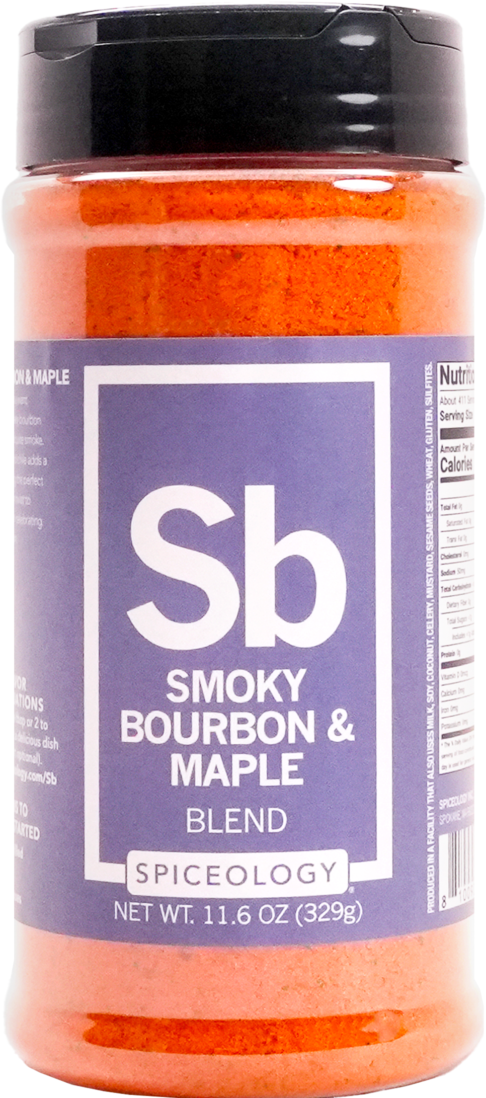 Spice container labeled 'Smoky Bourbon & Maple Blend' by Spiceology with a purple label.