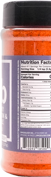 Back view of Spiceology Smoky Bourbon & Maple Blend nutrition facts and ingredient information.
