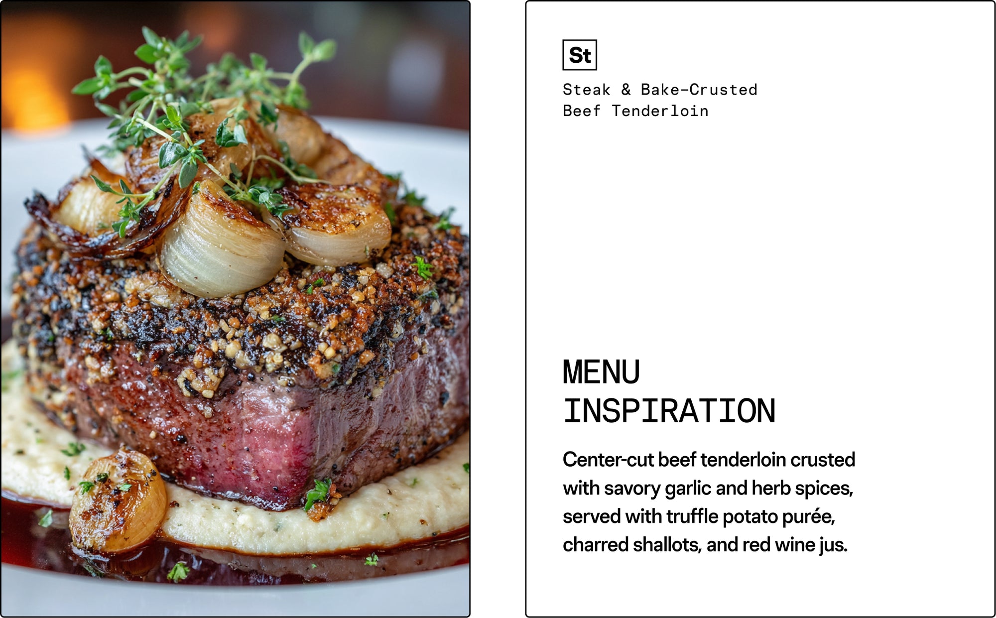 Steak & Bake-Crusted Beef Tenderloin with truffle potato purée on a white plate.