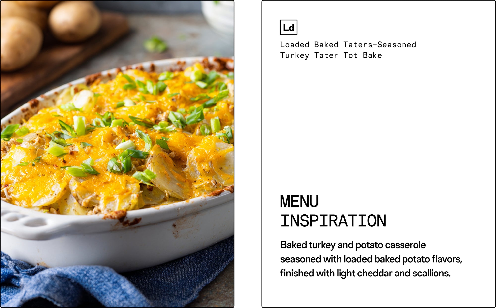 Baked potato casserole with green onions in a white dish on a wooden surface.