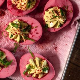 Beet-cured deviled eggs