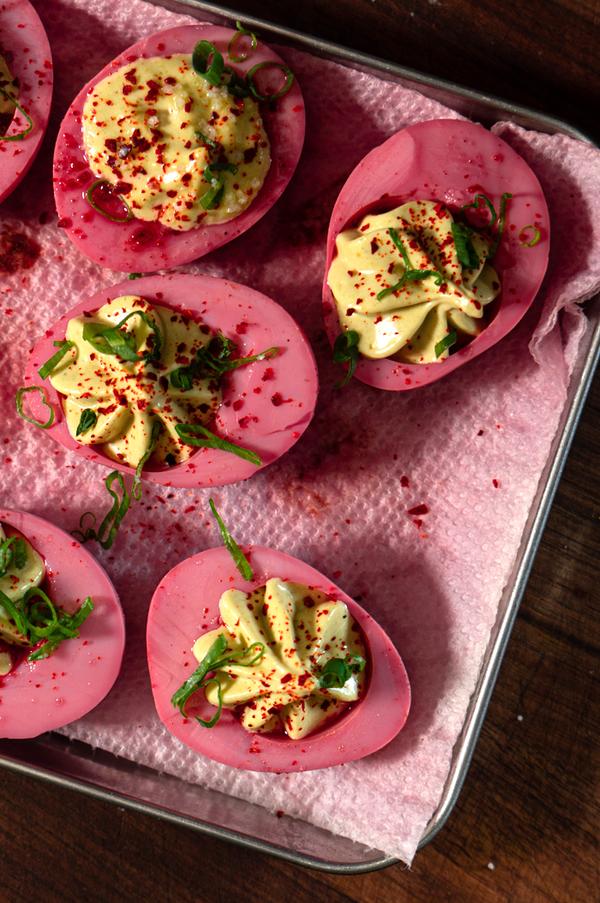 Beet-cured deviled eggs