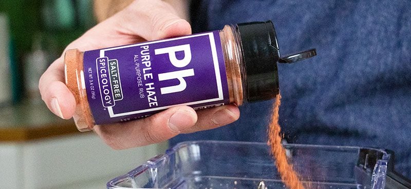 Purple Haze All-Purpose Salt-Free seasoning shaken into a blender