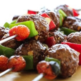 Grilled Moroccan Meatballs on skewers with vegetables