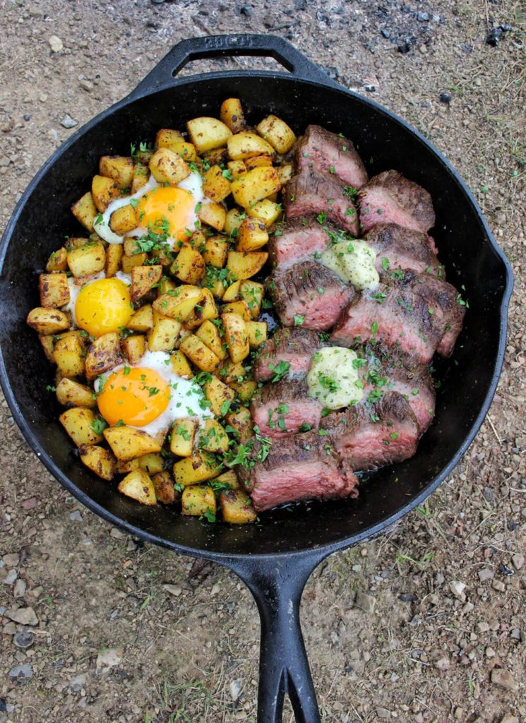 Bourbon prime steak and eggs in cast iron pan