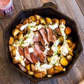 Blackberry Balsamic lamb skillet with roasted potatoes in cast iron