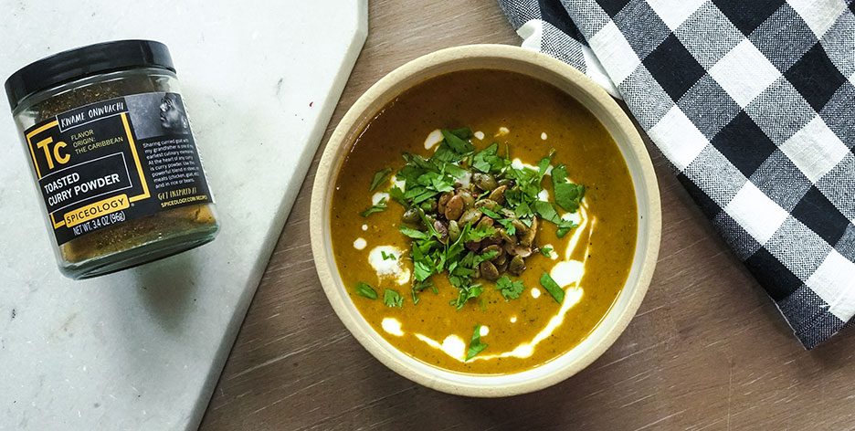 coconut curry summer squash soup in a bowl