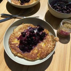 Corn Pancakes with Pink Peppercorn Lemon Thyme Blueberry Syrup