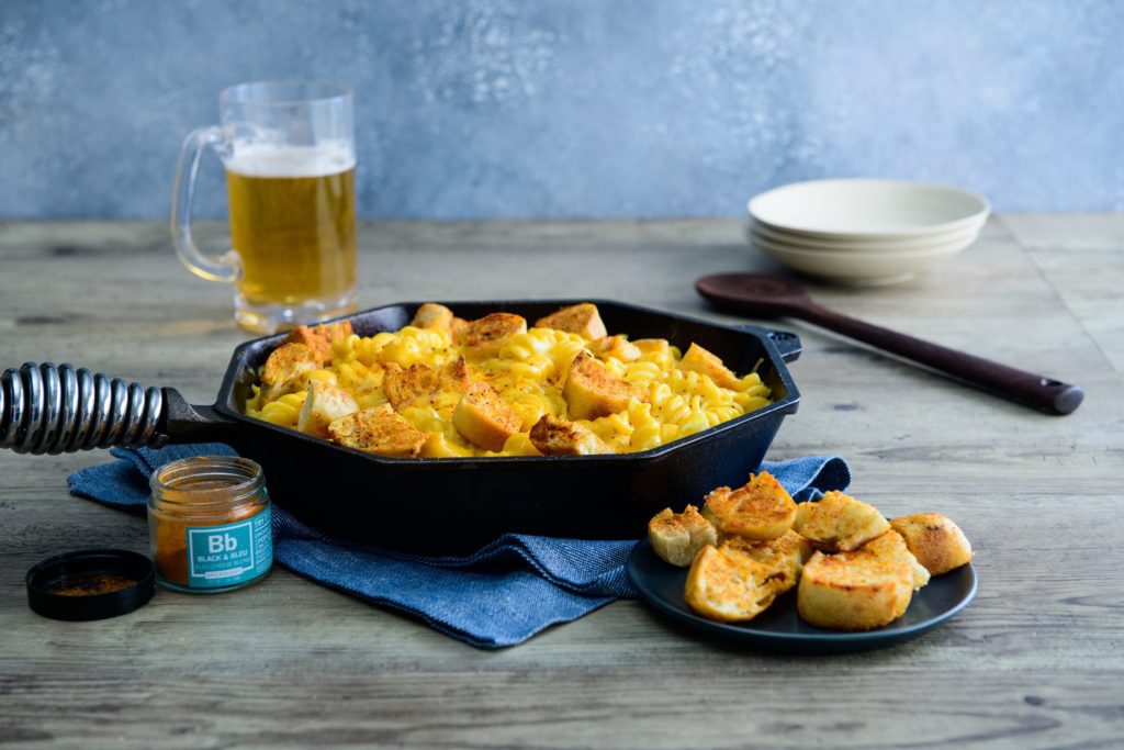 Skillet Chicken Mac & Cheese with Black & Bleu Croutons