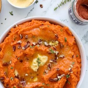 Spiceology Purple Haze Mashed Sweet Potatoes with Whipped Maple Butter & Pecans